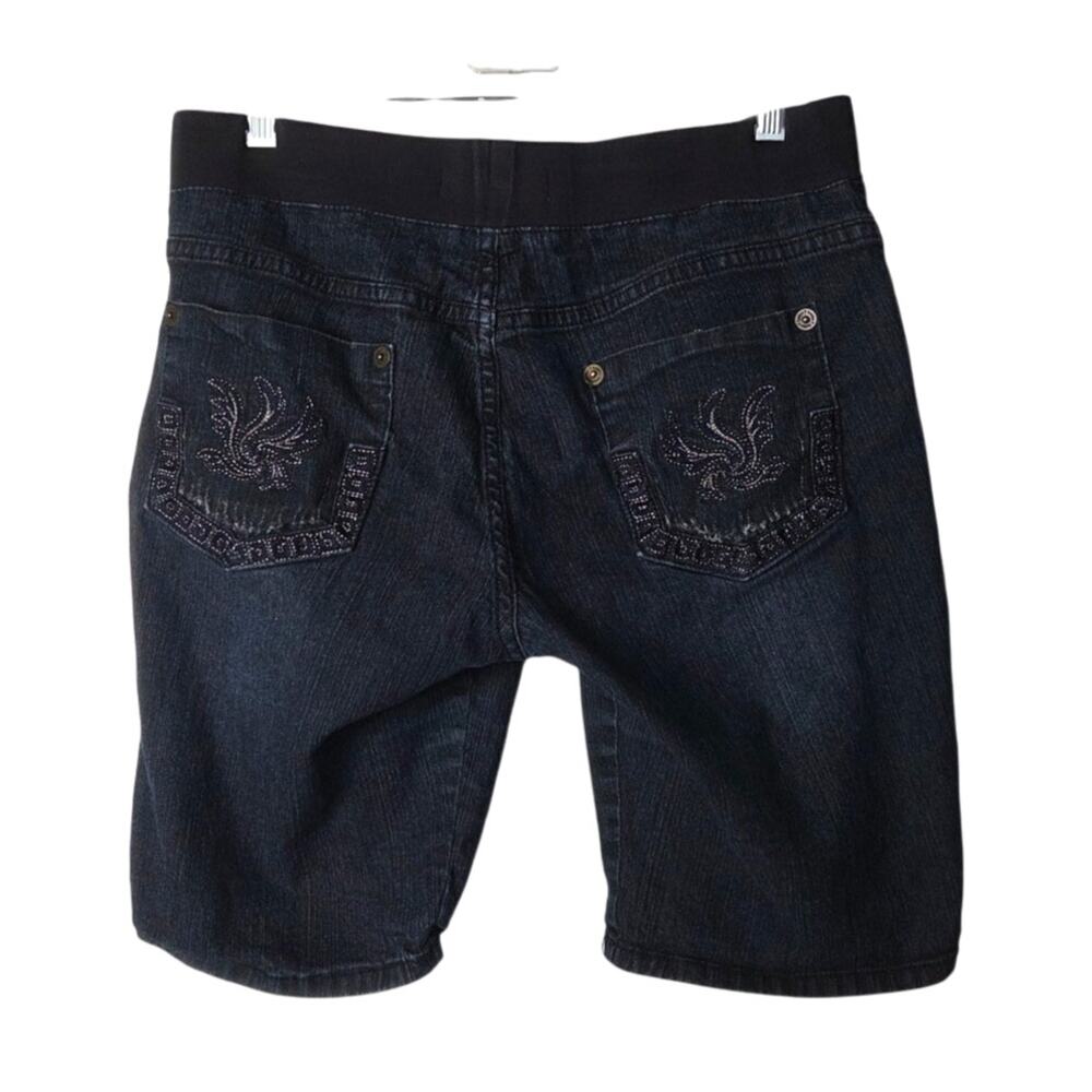 Karen T Blue Dark Wash Denim Mid Rise Pull On Bermuda Jeans Shorts Size Medium